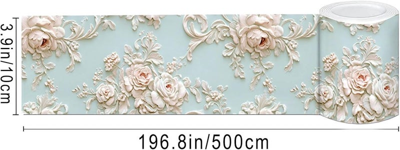 IVN Wallpaper Border Peel and Stick Wall Accent 4x196 Inch PVC Embossed Rose on Light Blue Pattern Self Adhesive Decorative Wall Trim for Living Room Bedroom Hallway Elegant Classic Style - Image 3